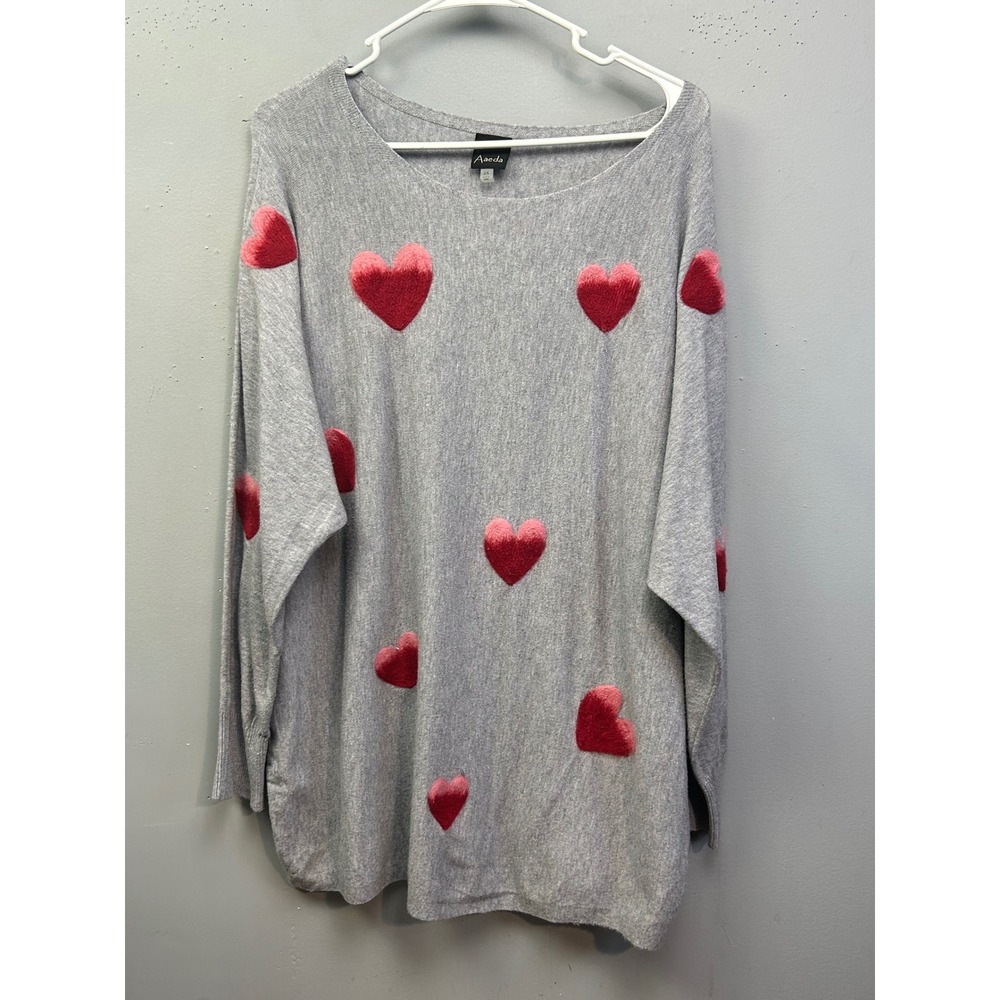 Aaeda Sweater Women 2X Gray Heart Print Oversized Pullover Knit Long Sleeve